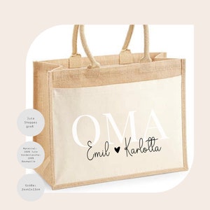 May include: A natural jute tote bag with a white cotton front panel. The front panel has the text "OMA Emil Karlotla" printed in black. The bag is 61cm by 104cm by 33cm.