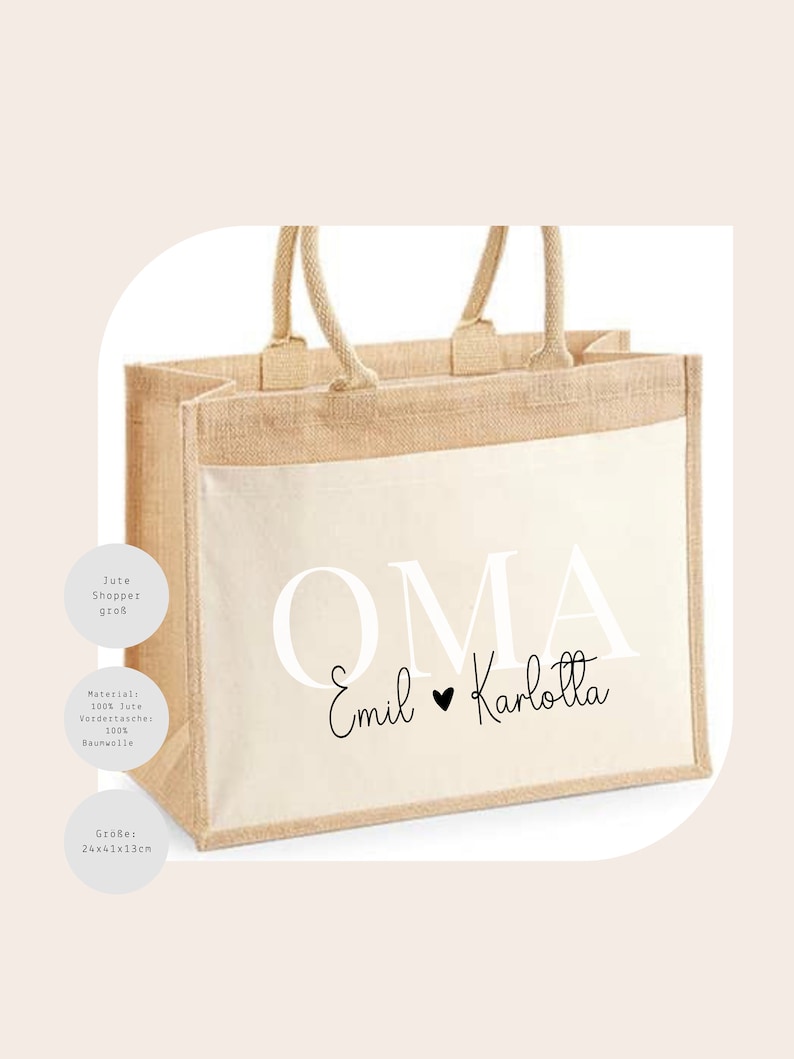 May include: A natural jute tote bag with a white cotton front panel. The front panel has the text "OMA Emil Karlotla" printed in black. The bag is 61cm by 104cm by 33cm.