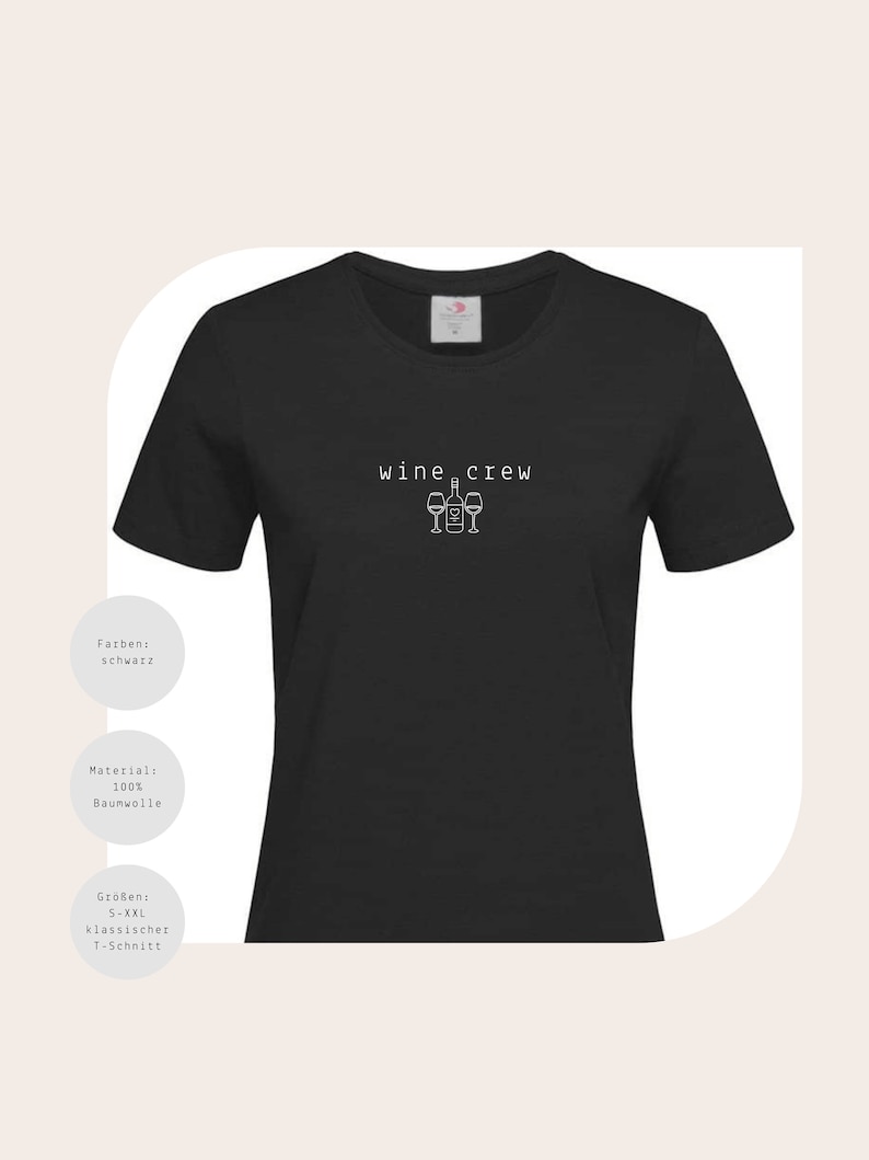 May include: Black women's t-shirt with the text "wine crew" and a graphic of a wine bottle and three wine glasses.