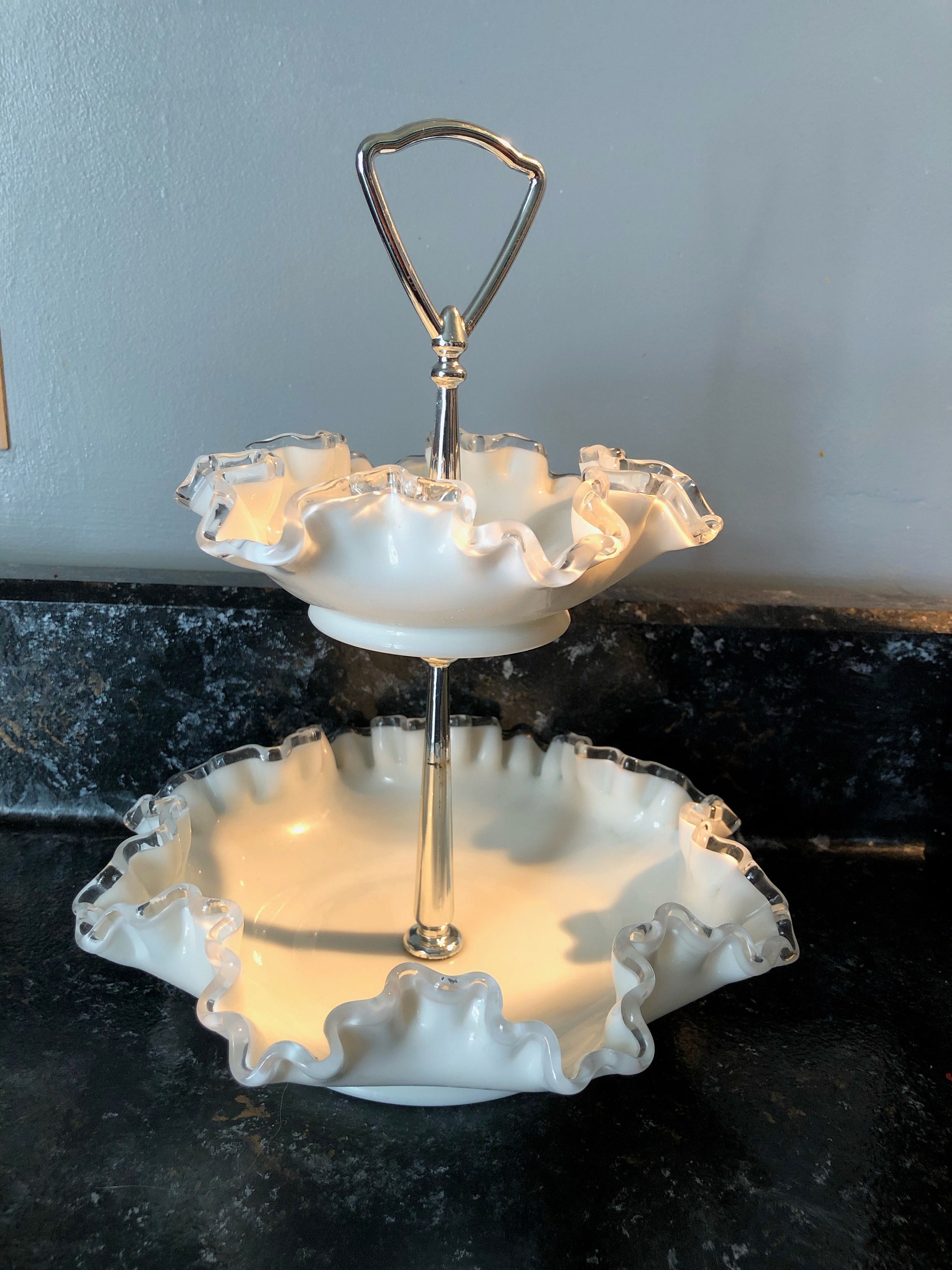 FENTON White Milk 2 Tiered Candy Dish Etsy