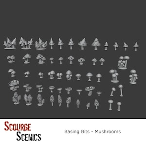 May include: A selection of miniature mushroom models in various shapes and sizes. The mushrooms are in shades of grey and white, with detailed textures. The text "Basing Bits - Mushrooms" is visible.