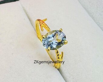 Blue Aquamarine Ring: Oval Gem, Gold Plated 925 Sterling Silver