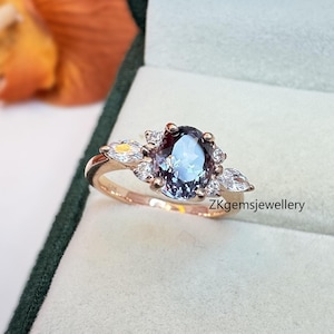 Anillo de alejandrita, plata de ley 925, joyería de alejandrita, anillo de piedra de nacimiento, anillo de novia, piedra de nacimiento de junio, anillo de racimo, anillo de promesa