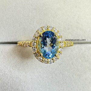 Swiss Blue Topaz Ring, 925 Sterling Silver, Halo Ring, December Birthstone, Promise Ring, Cluster Ring, Zircon Ring, Bridal Ring, Prong Ring