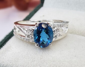 Handmade London Blue Topaz Ring, Sterling Silver, Oval Gemstone