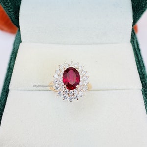 Bague rubis ovale avec halo : argent sterling 925, pierre de naissance en juillet