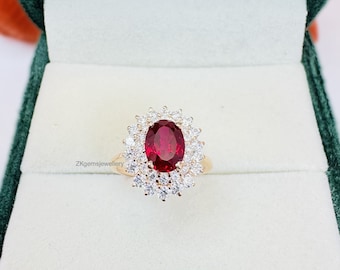 Handmade Oval  Ruby Halo Ring, 925 Sterling Silver, Rose Gold Plated