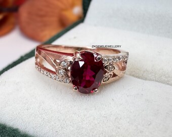 Oval  Ruby Ring, 925 Sterling Silver, Rose Gold Plated, July Birthstone
