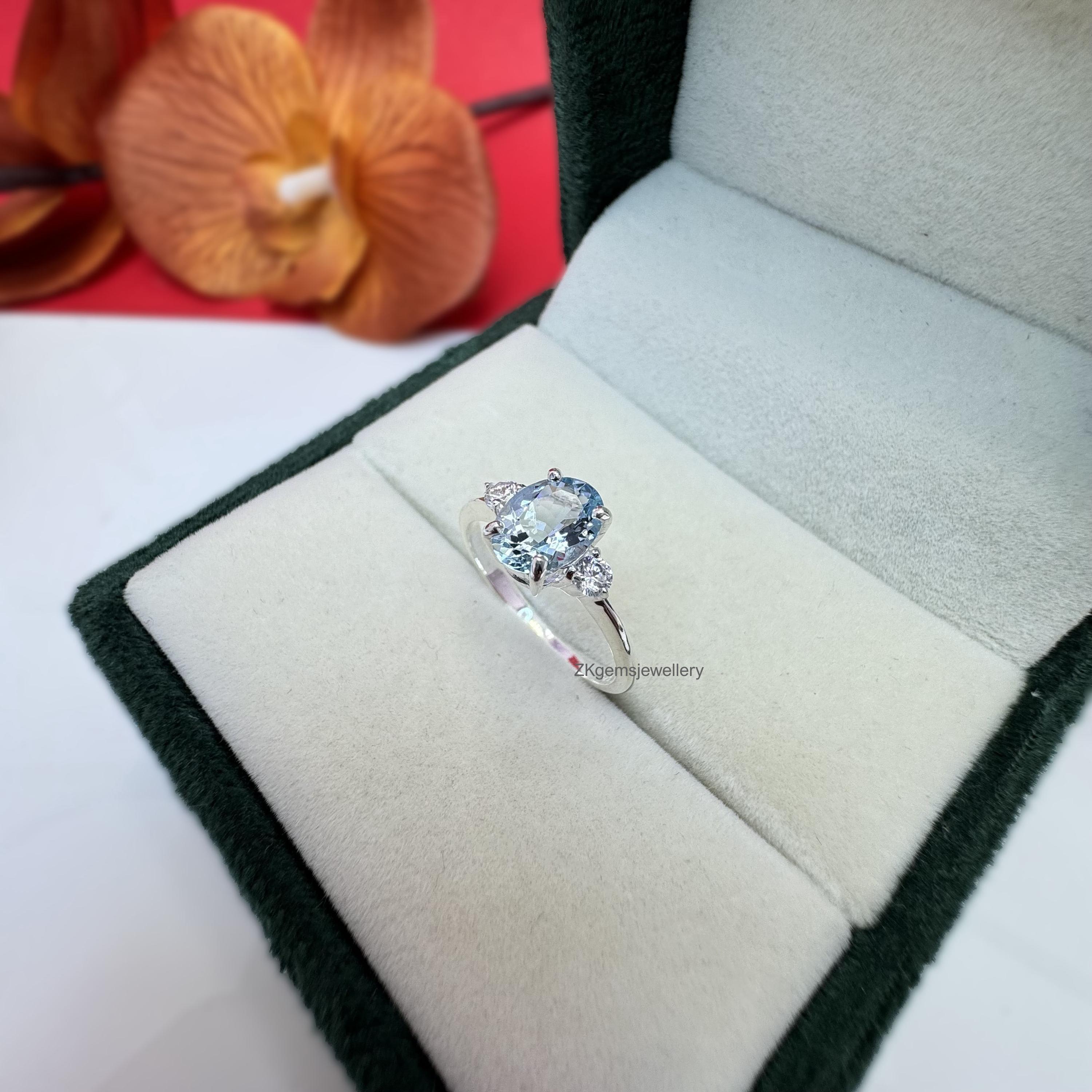 Blue Aquamarine Ring, 925 Sterling Silver, Birthstone Ring, Oval Cut Aquamarine, March Birthstone, Cluster Ring, Women's Gift Ring, Gift Her