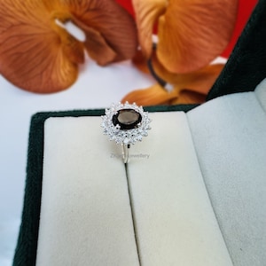 Smoky Quartz Ring: Oval Halo, Sterling Silver Zircon