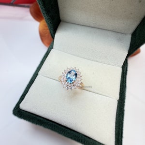 Halo Ring: Natural Swiss Blue Topaz, Sterling Silver, December Birthstone