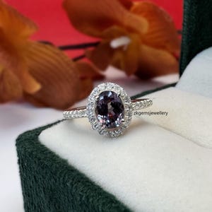 Alexandrite Halo Ring: Oval Cut, Sterling Silver, June Birthstone