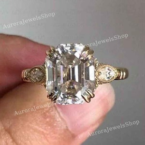 3.30 CTW Emerald Cut Lab-Grown Diamond Engagement Ring with Side Round Diamonds, Vintage Style in 14K Yellow Gold