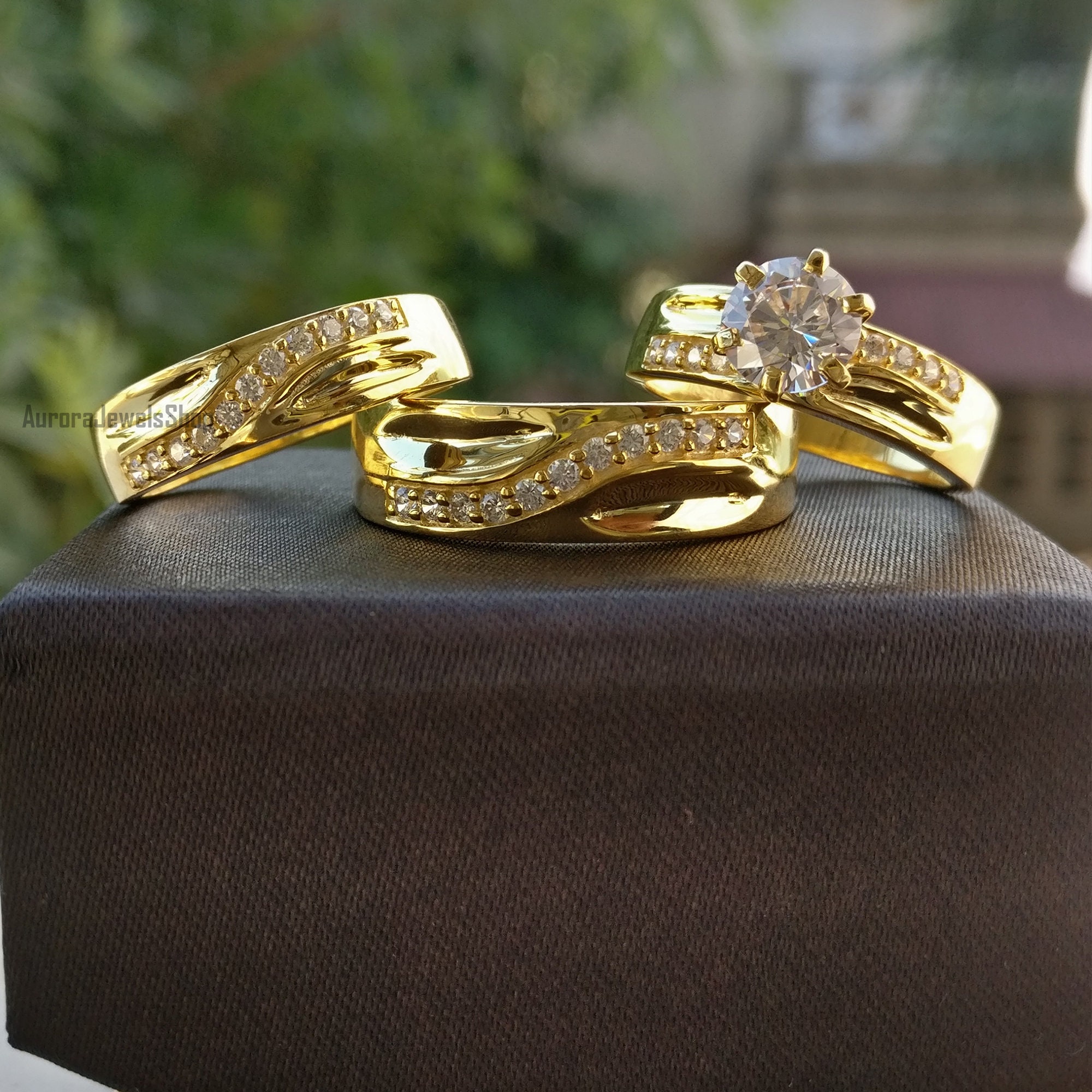 Wedding Set Yellow Gold Finish Wedding Set Trio Bridal Sets Etsy