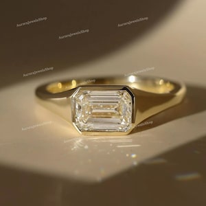 1.0 CT East-West Emerald Cut CVD Diamond Men&#39;s Engagement Ring, Bezel Set Wedding Band