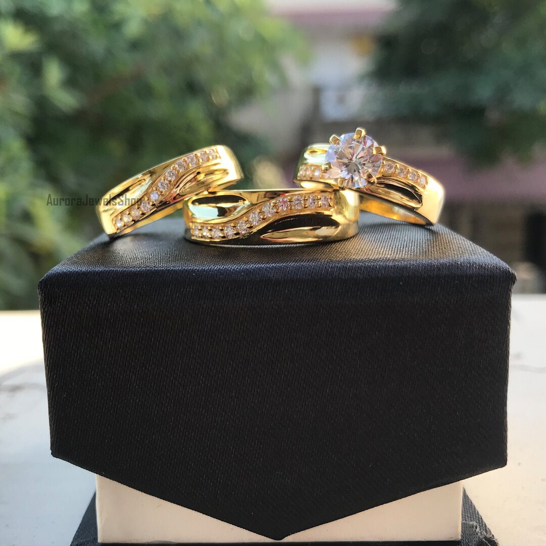 Wedding Set, Yellow Gold Finish Wedding Set, Trio Bridal Sets, Engagement Ring Set, Couples Ring