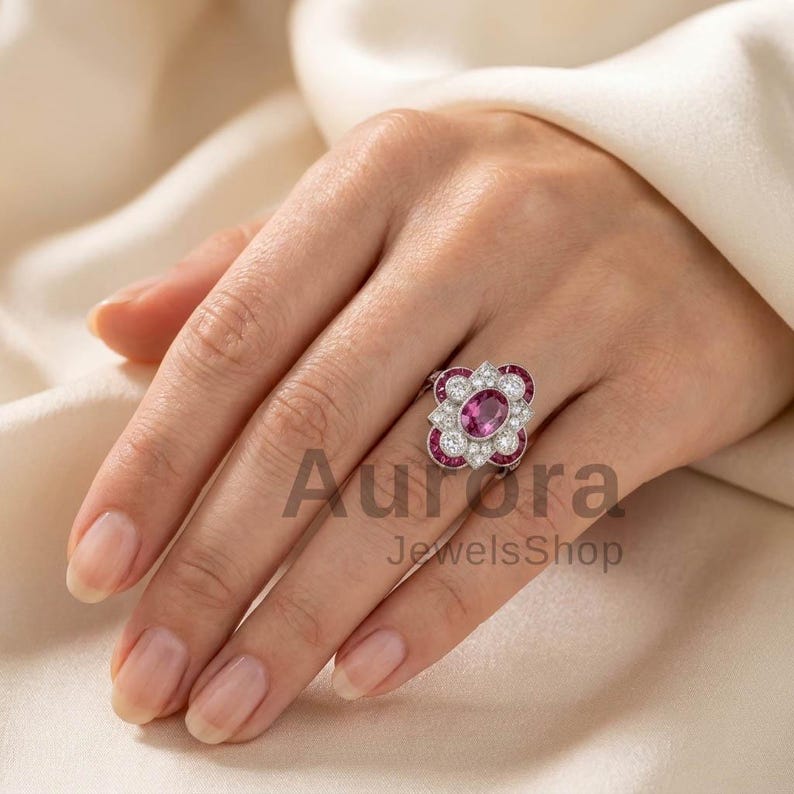 Art Deco Ruby Red Ring Oval Cut Vintage Halo Ring Lab Created Stone ...