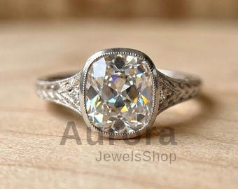 Cushion Cut Moissanite Ring 2.56 CT Bezel Set Engagement Ring Vintage Filigree Ring 925 Sterling Silver Gold Tone