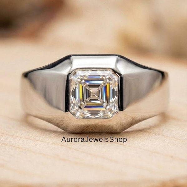 3.5ct Asscher Cut Moissanite Men's Ring, Bezel Set Signet Ring for Men, 925 Sterling Silver Solid Band, Masculine Wedding Band
