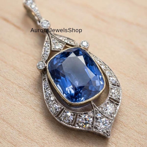 15.86ct Cushion Cut Blue Sapphire Pendant Necklace, Vintage Halo Moissanite Necklace, Art Deco Sapphire Pendant in 925 Silver
