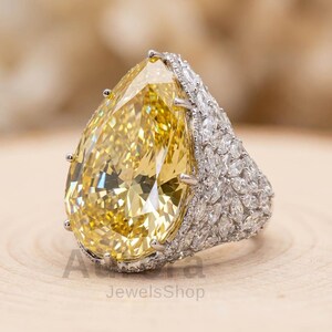 Huge 30.11 CT Pear Cut Yellow Citrine Ring Statement Halo Pave Moissanite Cocktail Ring 925 Silver