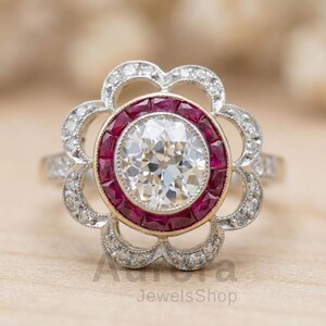 2.01 CT Old Mine Moissanite Ring, Ruby Halo Art Deco Engagement Ring, Floral Cluster Ring, Vintage Style Sterling Silver Ring