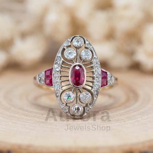 Art Deco Ruby Ring Oval Cut Vintage Ring Red Stone Halo Filigree Ring Baguette Accent 925 Silver VVS