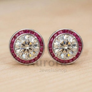 Pendientes redondos con halo de moissanita de 2,01 quilates, pendientes vintage Art Déco de plata de ley con halo de rubí baguette, regalo para ella.