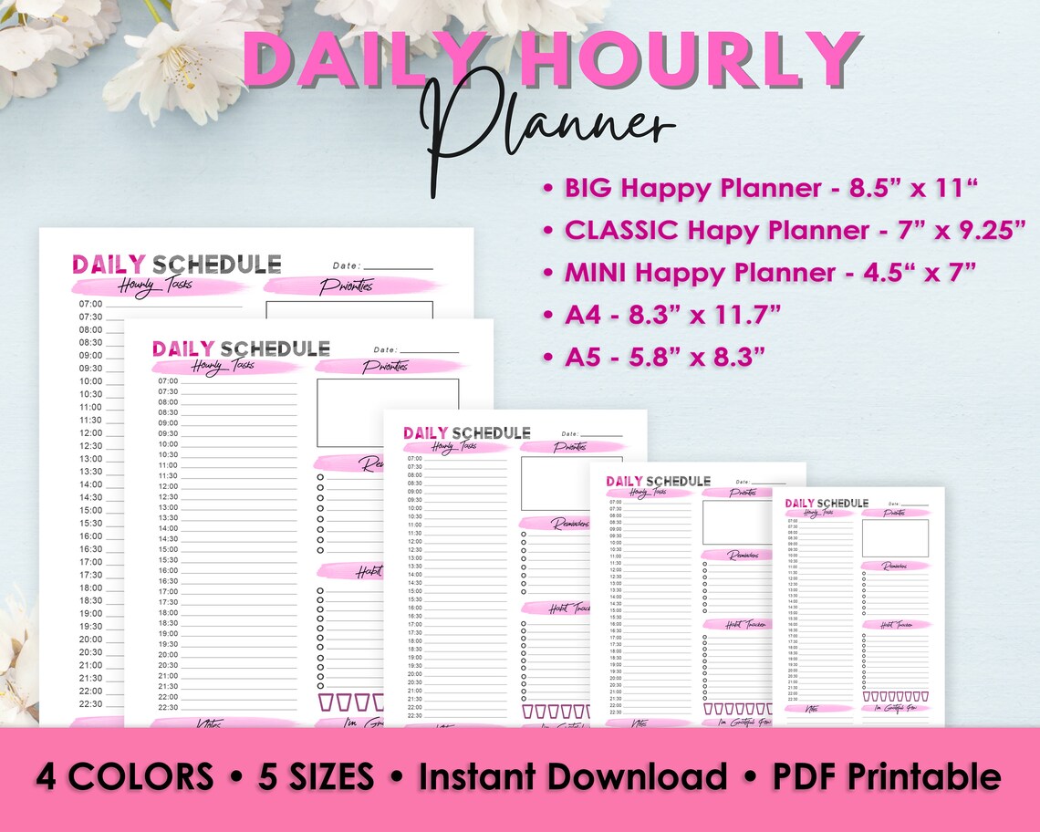 DAILY & Hourly Happy Planner PDF Printable 5 Sizes and 4 Colors Classic ...