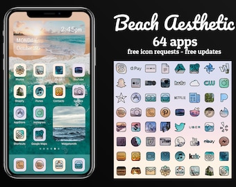 64 iOS 14 Beach Pack | Pastel Colors | Blue Icons | Minimalist Ocean | Neutral Tones | Soft Tones | Home Screen Icons Iphone