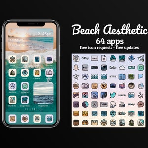 64 iOS 14 Beach Pack | Pastel Colors | Blue Icons | Minimalist Ocean | Neutral Tones | Soft Tones | Home Screen Icons Iphone