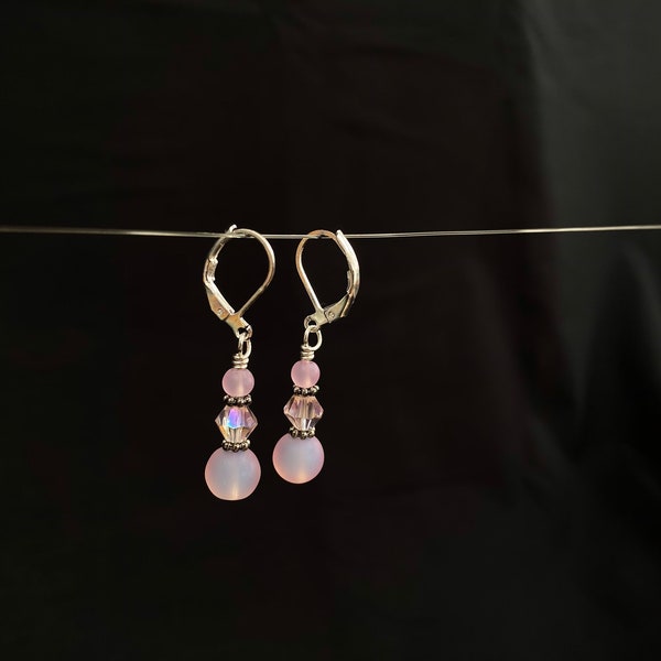 Pink Crystal, Nickel-Free, Beaded, Leverback Clasp, Drop Earrings