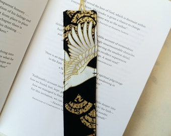 Black Fabric Bookmark with Gold Paint Detail, Japanese Fabric Bookmark