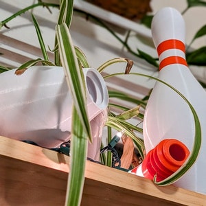 May include: Two white ceramic bowling pins, one with orange stripes, are displayed on a wooden shelf with a green plant in the background.