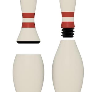 May include: A set of two white bowling pins with red stripes. The pins are separated into two parts, the top and the bottom. The top part of the pin is a smaller, rounded piece with a red stripe around the middle. The bottom part of the pin is a larger, cylindrical piece with a red stripe around the bottom.