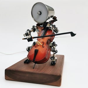 Lampa stołowa wiolonczelista|Lampa Steampunk Robot|Prezent wiolonczelista|Prezent dla miłośników muzyki|Instrumenty muzyczne|Lampa USB