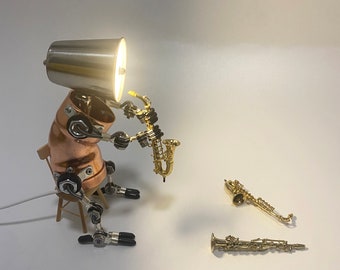 Saxophone lamp|Sax player table lamp|Steampunk Robot desk lamp|Gift for music lovers|Musical Instruments lamp|Desk decor|USB lamp