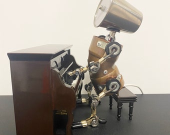 Piano Player Lamp|Upright Piano & Grant Piano Robot Lamp|Steampunk Robot night light|Gift for music lovers