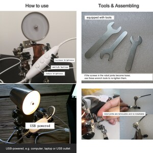 K&ouml;nnte beinhalten: Eine Roboterlampe mit einem wei&szlig;en Lampenschirm und einem USB-Stromkabel. Der Roboter hat einen Schalterknopf, um die Helligkeit der Lampe zu steuern. Der Roboter ist aus Metall und hat eine kupferne Oberfl&auml;che. Der Roboter ist mit Werkzeugen f&uuml;r die Montage ausgestattet.