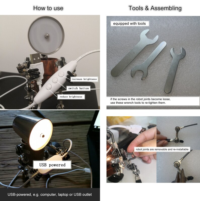 K&ouml;nnte beinhalten: Eine Roboterlampe mit einem wei&szlig;en Lampenschirm und einem USB-Stromkabel. Der Roboter hat einen Schalterknopf, um die Helligkeit der Lampe zu steuern. Der Roboter ist aus Metall und hat eine kupferne Oberfl&auml;che. Der Roboter ist mit Werkzeugen f&uuml;r die Montage ausgestattet.