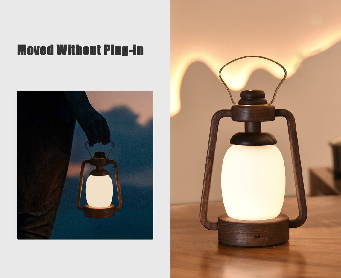 Retro Wooden Rechargeable Kerosene Lantern Rustic Table Lamp | Etsy