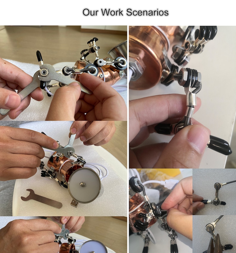 May include: A close-up of a copper-colored robot with multiple articulated arms and black rubber tips. The robot is being assembled by hand using a wrench and other tools. The robot has a white light on the front and a white wire connected to it. The image shows the process of assembling a robot.