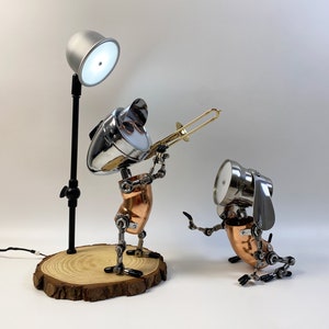 Trombone Player Practice Session with the Puppy by His Side / Trombone Player Table Lamp / Gift for Trombone Player