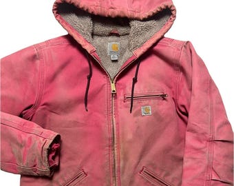 Carhartt WJ141 RARE Pink Canvas Fleece Hooded Chore Coat Barn