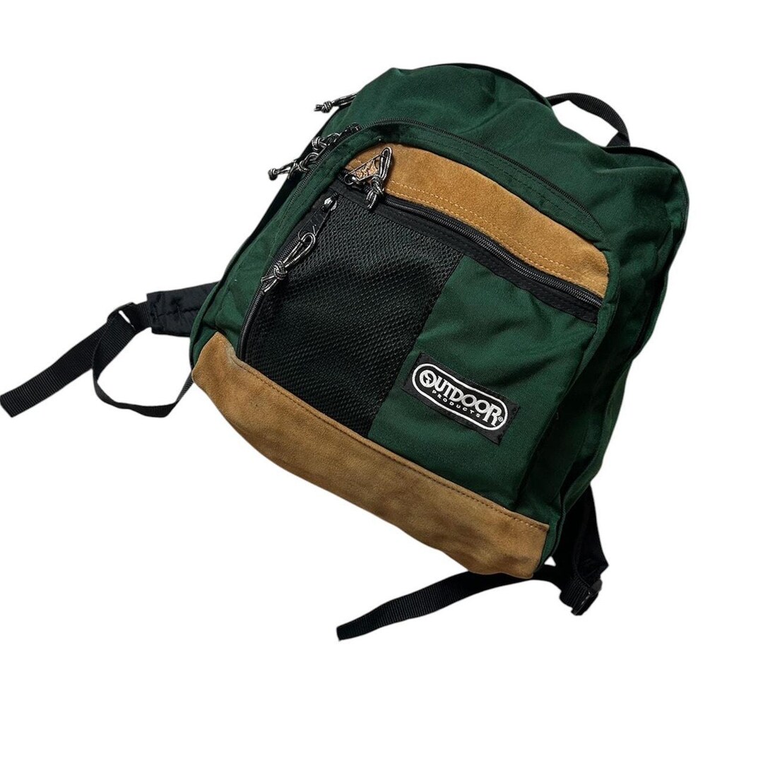 Outdoor Products Vintage 90s Leather Suede Bottom Green Nylon Backpack ...