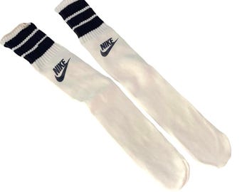 Nike Vintage 70s 80s Swoosh Logo White Navy Athletic Sportswear Tube Sock