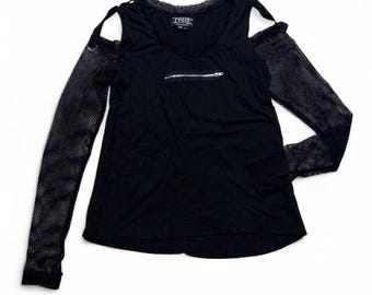 Tripp NYC zwarte blouse met visnetmouwen en rits aan de bovenkant Y2K vintage gothic grunge klein