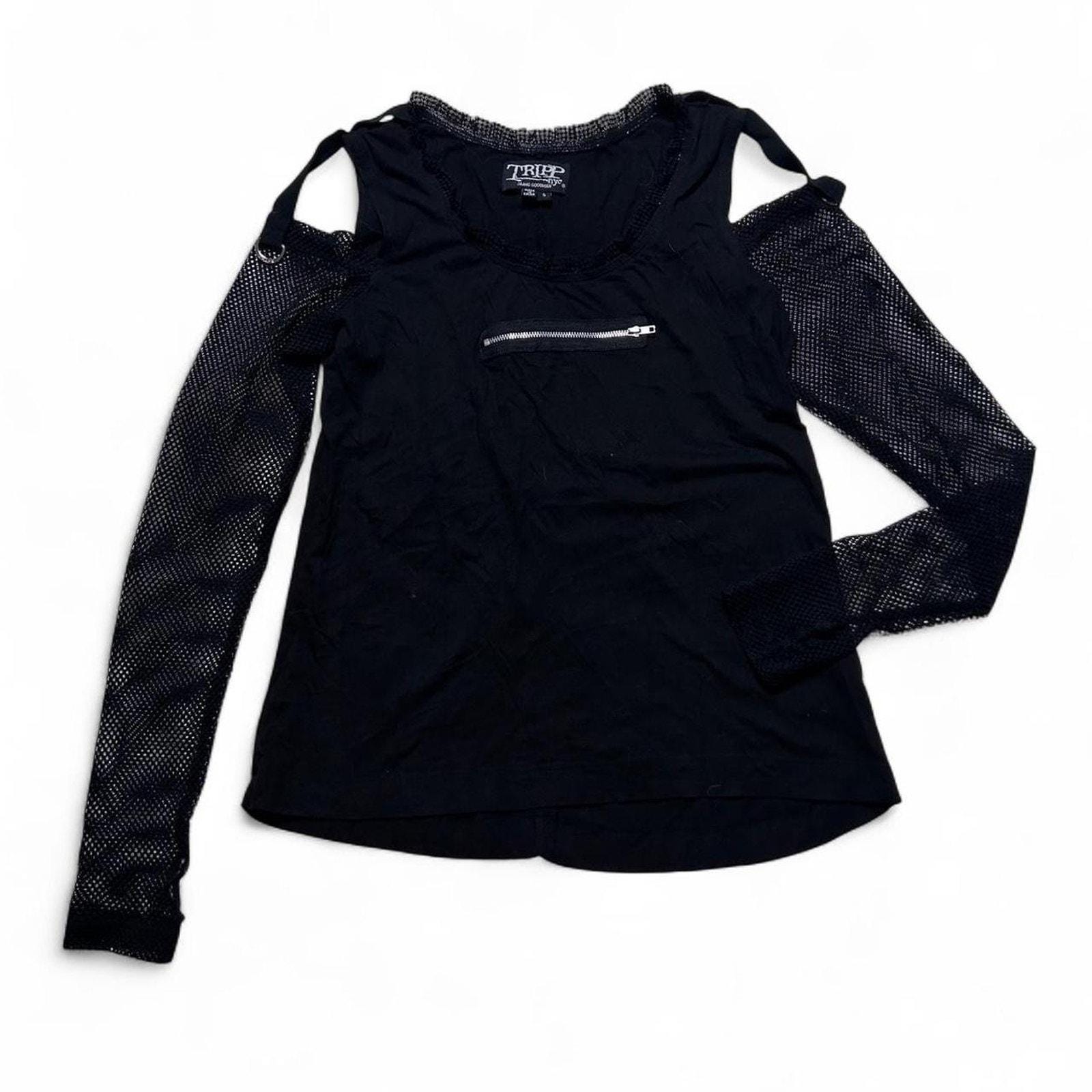 Tripp NYC Black Fishnet Sleeve Zipper Top Blouse Y2K Vintage Goth 