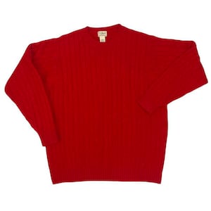 May include: Red cable knit sweater with a crew neck. The sweater has the L.L.Bean logo on the front.