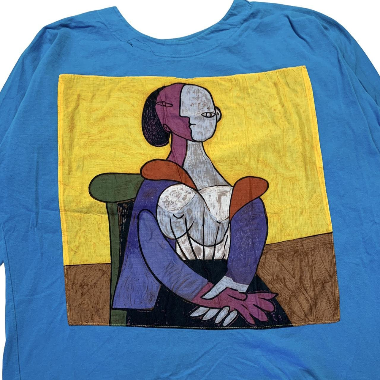 和*鯉様 【90sヴィンテージ】パブロ・ピカソ 「座る女」 アートTシャツ パブロ・ピカソ 椅子に座る女性 ヴィンテージ 80 年代 ブルー 長袖